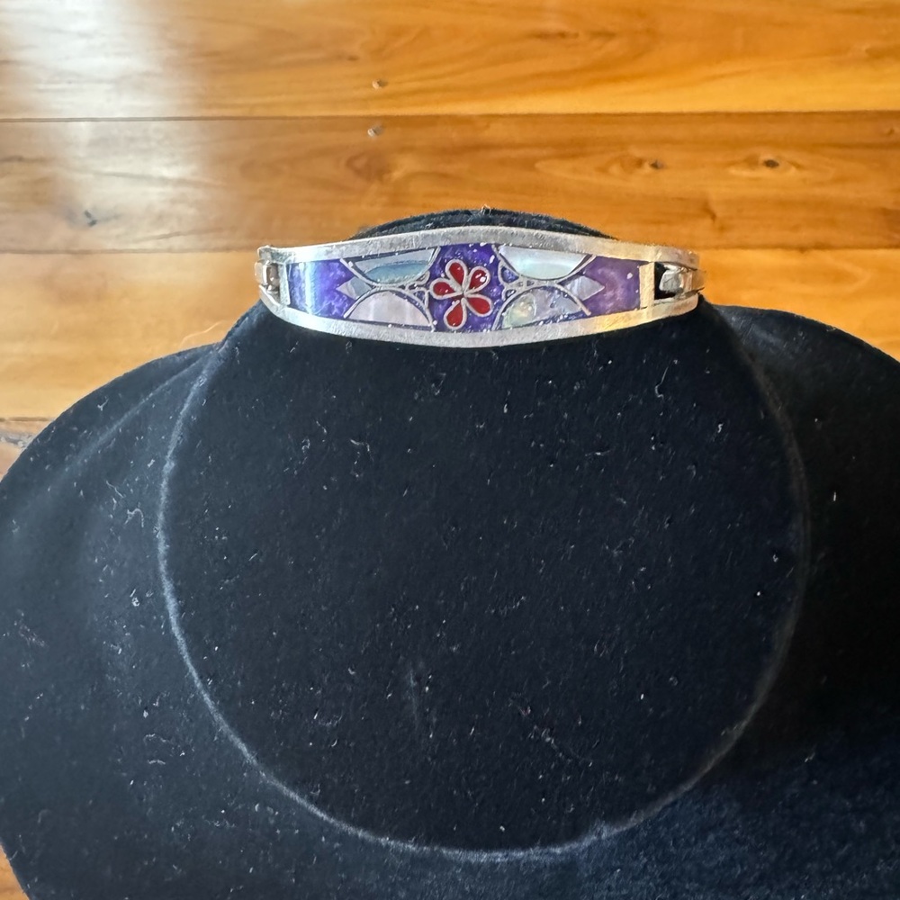 Vintage Taxco Mexico Silver Tone Flower Butterfly Abalone Shell Bangle Bracelet